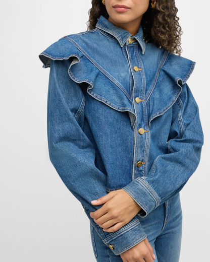 Denim Blouse met Ruffle Kraag