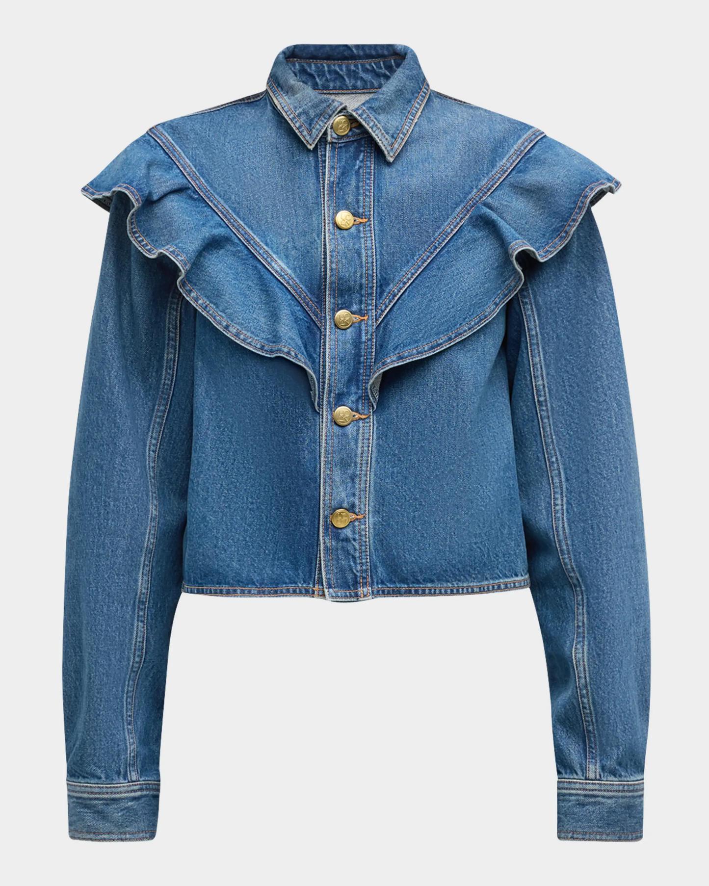 Denim Blouse met Ruffle Kraag