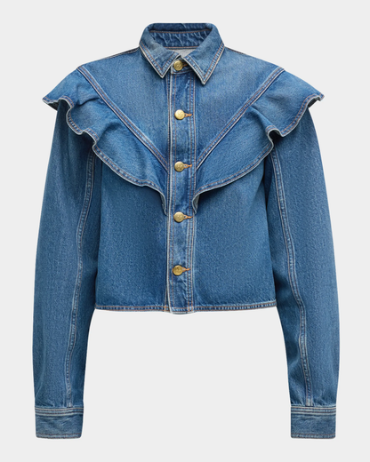 Denim Blouse met Ruffle Kraag