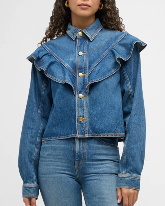 Denim Blouse met Ruffle Kraag